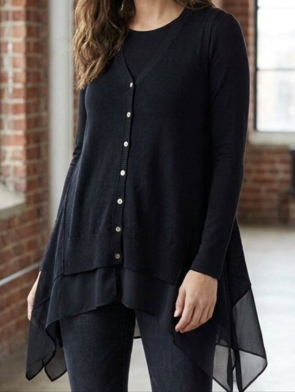 Black Oversized Sleeveless Cotton Cashmere Vest w Asymmetric Fairy Chiffon Hem